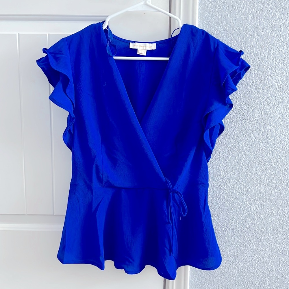 Royal blue ruffled short sleeve blouse